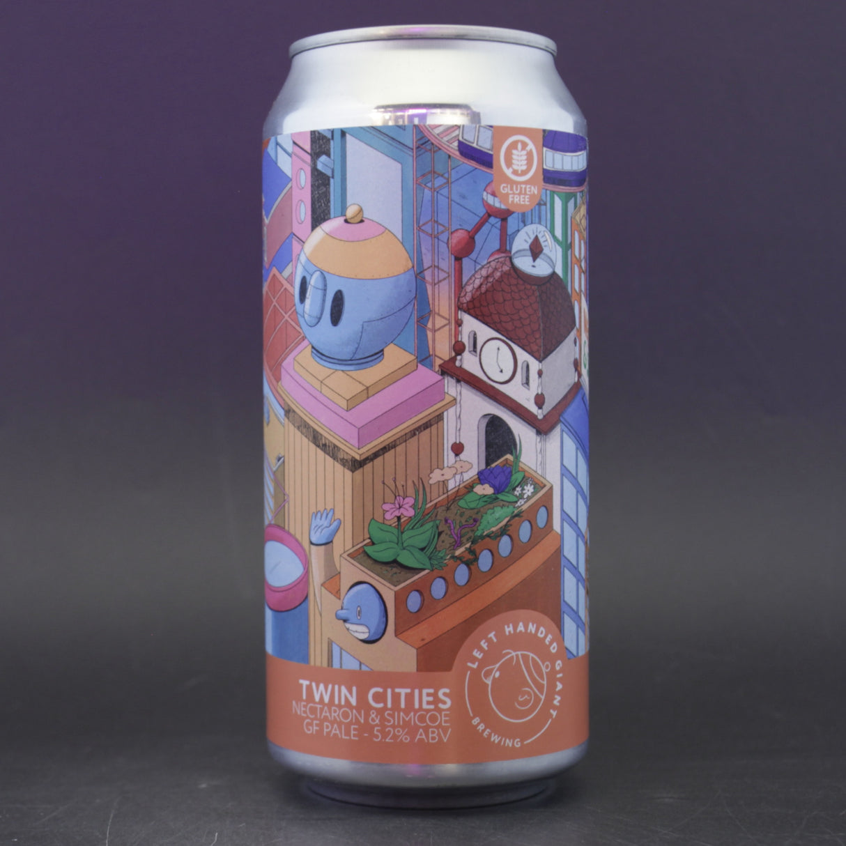 This is a can of Left Handed Giant - Twin Cities: Nectaron & Simcoe - 5.2% (440ml). It is a Pale Ale craft beer available to buy from Ghost Whale, voted London's best craft beer shop.