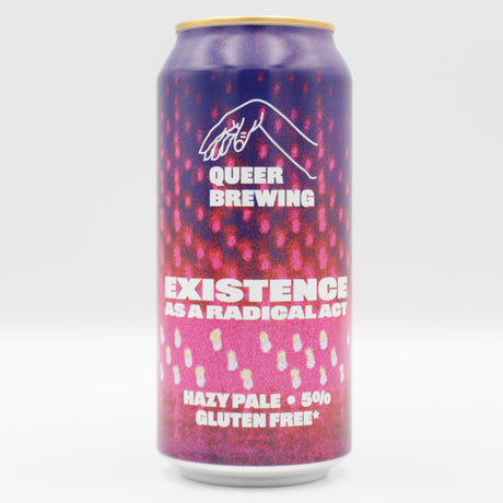This is a can of Queer Brewing - Existence As A Radical Act - 5% (440ml). It is a Pale Ale craft beer available to buy from Ghost Whale, voted London's best craft beer shop.
