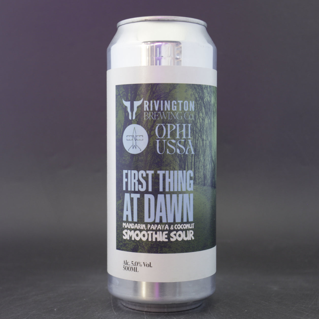 This is a can of Rivington / Elm Eleven / Ophiussa - First Thing At Dawn - 5% (500ml). It is a Sour craft beer available to buy from Ghost Whale, voted London's best craft beer shop.