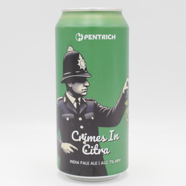 This is a can of Pentrich - Crimes In Citra - 7% (440ml). It is a IPA craft beer available to buy from Ghost Whale, voted London's best craft beer shop.