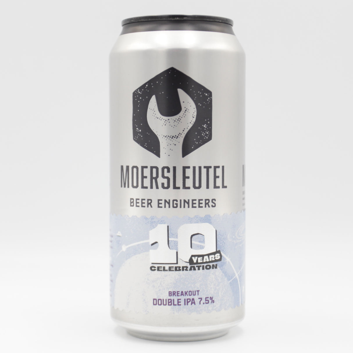 This is a can of Moersleutel - 10 Years: Breakout - 7.5% (440ml). It is a Double IPA craft beer available to buy from Ghost Whale, voted London's best craft beer shop.