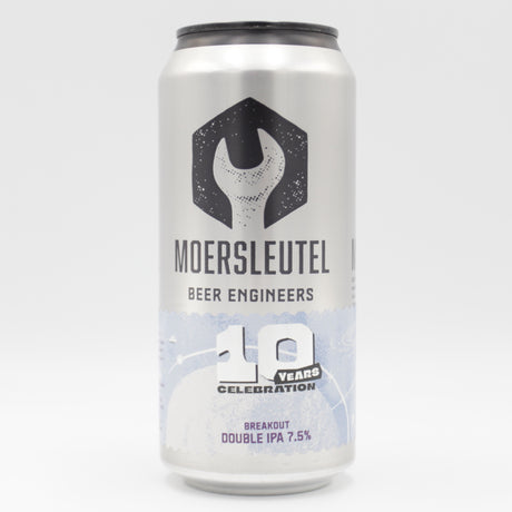 This is a can of Moersleutel - 10 Years: Breakout - 7.5% (440ml). It is a Double IPA craft beer available to buy from Ghost Whale, voted London's best craft beer shop.