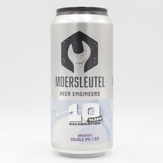 This is a can of Moersleutel - 10 Years: Breakout - 7.5% (440ml). It is a Double IPA craft beer available to buy from Ghost Whale, voted London's best craft beer shop.