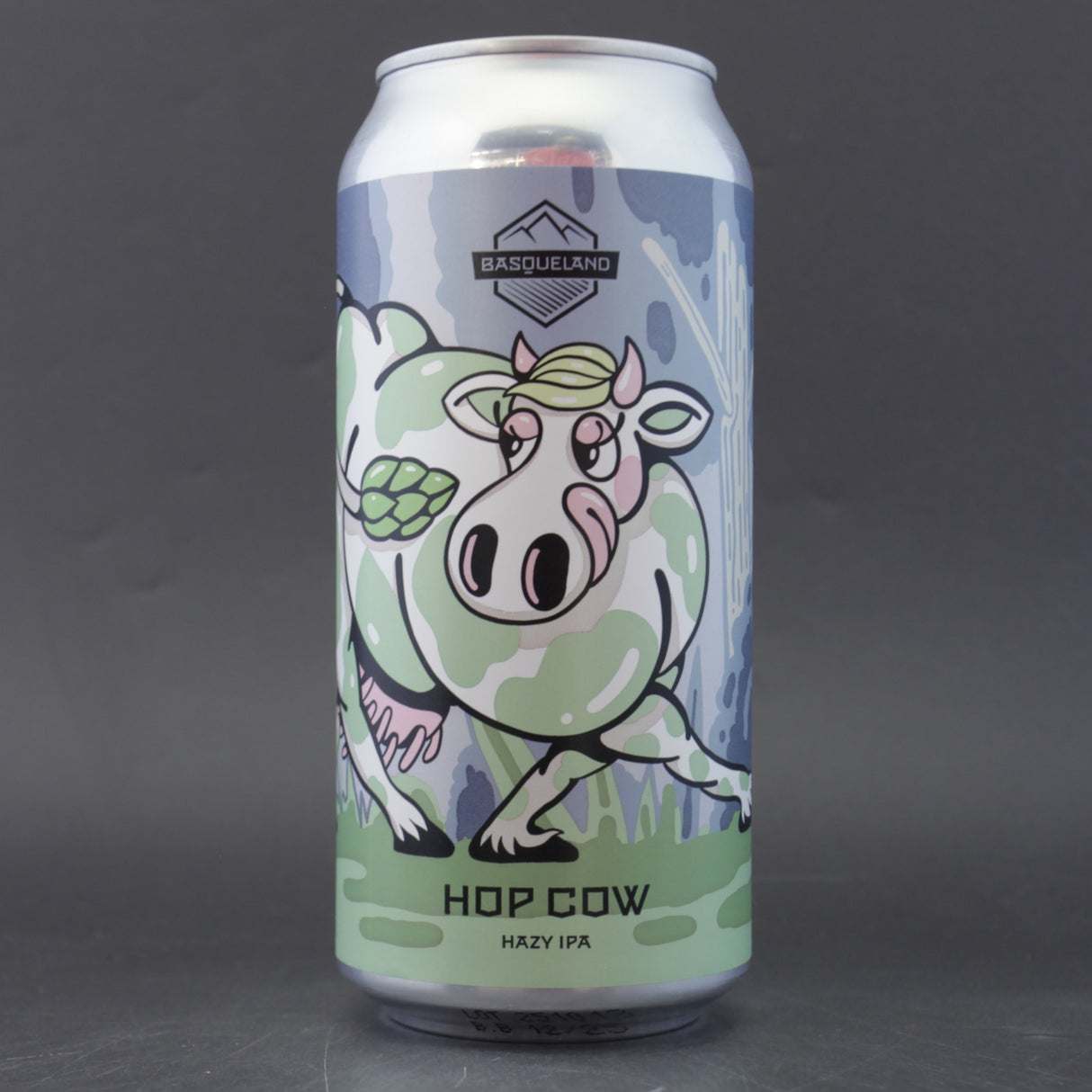 This is a can of Basqueland - Hop Cow - 5.8% (440ml). It is a IPA craft beer available to buy from Ghost Whale, voted London's best craft beer shop.