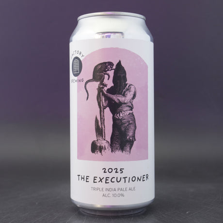 This is a can of Factory Brewing - The Executioner (2025) - 10% (440ml). It is a Triple IPA craft beer available to buy from Ghost Whale, voted London's best craft beer shop.
