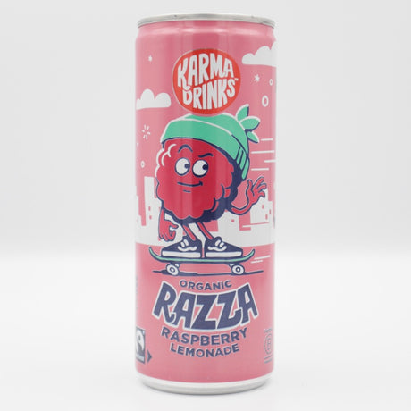 This is a can of Karma - Karma Razza Raspberry Lemonade - 0% (250ml). It is a  craft soft drink available to buy from Ghost Whale, voted London's best craft beer shop.