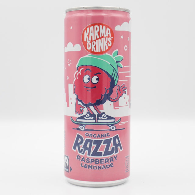 This is a can of Karma - Karma Razza Raspberry Lemonade - 0% (250ml). It is a  craft soft drink available to buy from Ghost Whale, voted London's best craft beer shop.