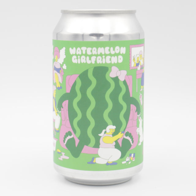 This is a can of Prairie - Watermelon Girlfriend - 5% (355ml). It is a Sour craft beer available to buy from Ghost Whale, voted London's best craft beer shop.