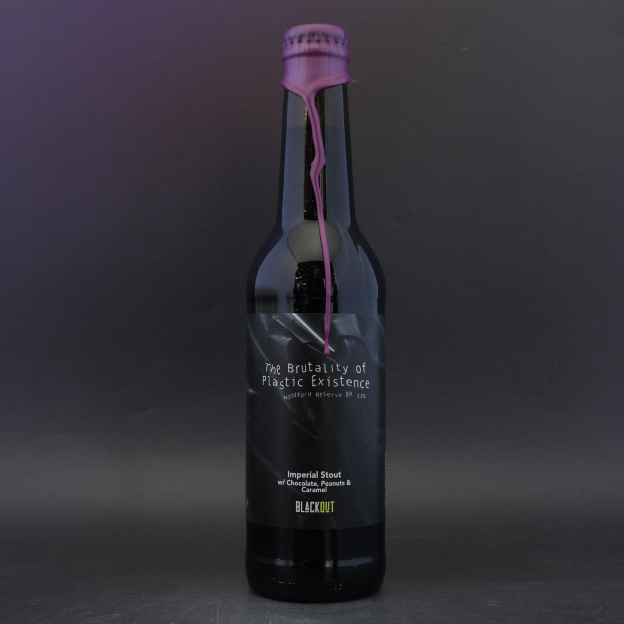 This is a bottle of Blackout - The Brutality Of A Plastic Existence - 13% (330ml). It is a Imperial Stout / Porter craft beer available to buy from Ghost Whale, voted London's best craft beer shop.