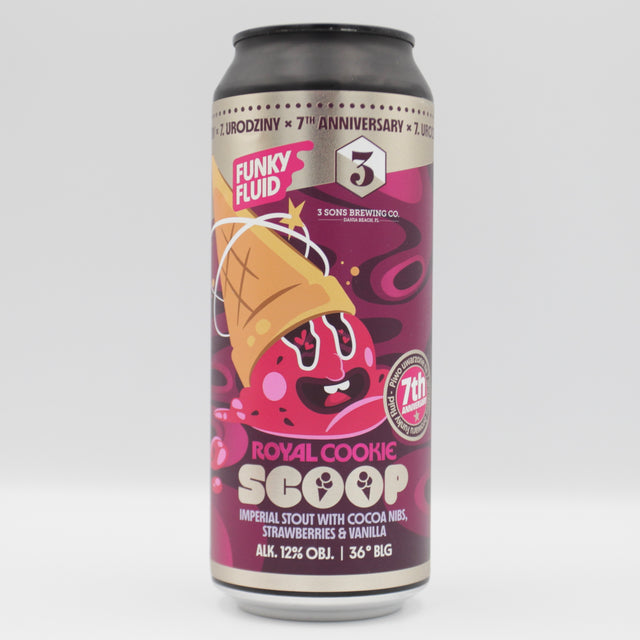 This is a can of Funky Fluid / 3 Sons - Royal Cookie: Scoop - 12% (500ml). It is a Imperial Stout / Porter craft beer available to buy from Ghost Whale, voted London's best craft beer shop.