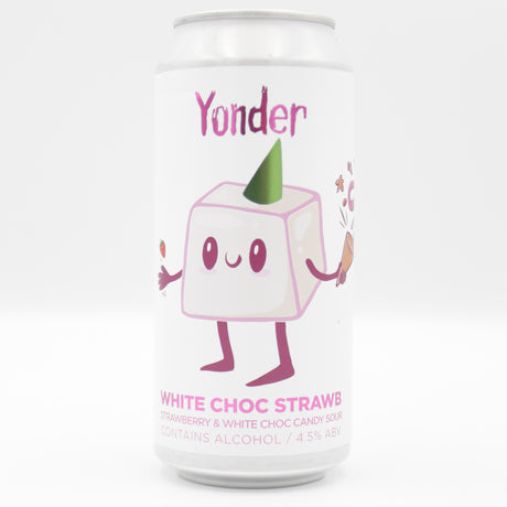 This is a can of Yonder - White Choc Strawb - 4.5% (440ml). It is a Sour craft beer available to buy from Ghost Whale, voted London's best craft beer shop.