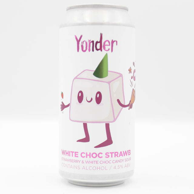 This is a can of Yonder - White Choc Strawb - 4.5% (440ml). It is a Sour craft beer available to buy from Ghost Whale, voted London's best craft beer shop.