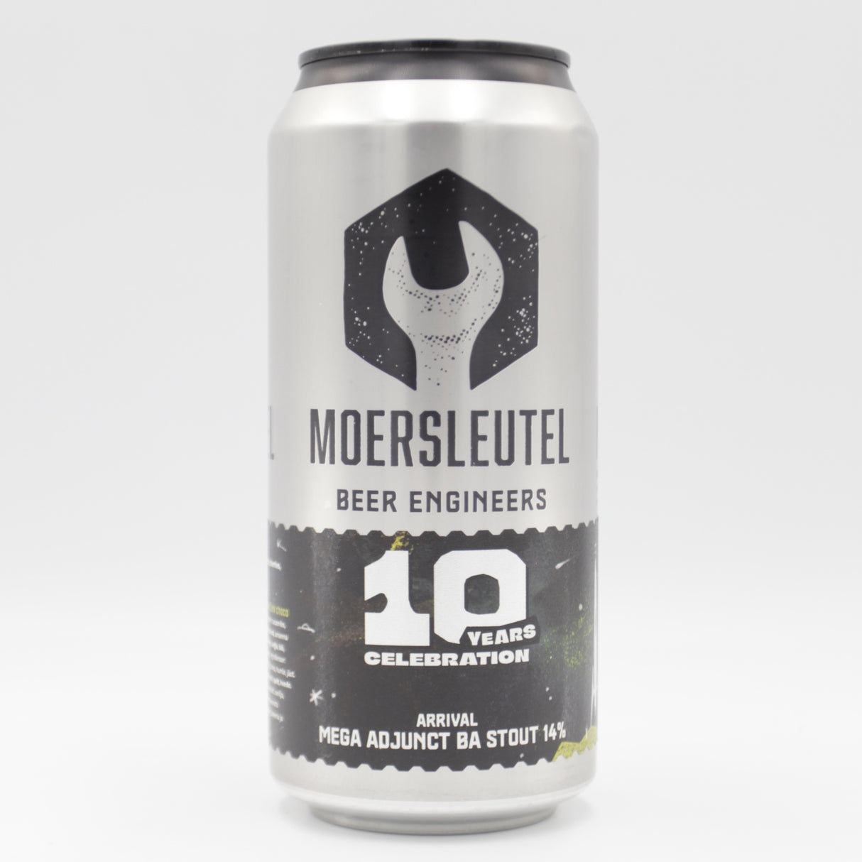 This is a can of Moersleutel - 10 Years: Arrival - 14% (440ml). It is a Imperial Stout / Porter craft beer available to buy from Ghost Whale, voted London's best craft beer shop.