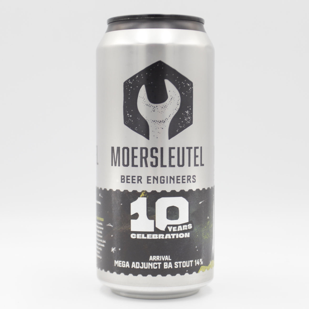 This is a can of Moersleutel - 10 Years: Arrival - 14% (440ml). It is a Imperial Stout / Porter craft beer available to buy from Ghost Whale, voted London's best craft beer shop.