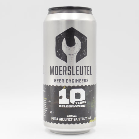 This is a can of Moersleutel - 10 Years: Arrival - 14% (440ml). It is a Imperial Stout / Porter craft beer available to buy from Ghost Whale, voted London's best craft beer shop.