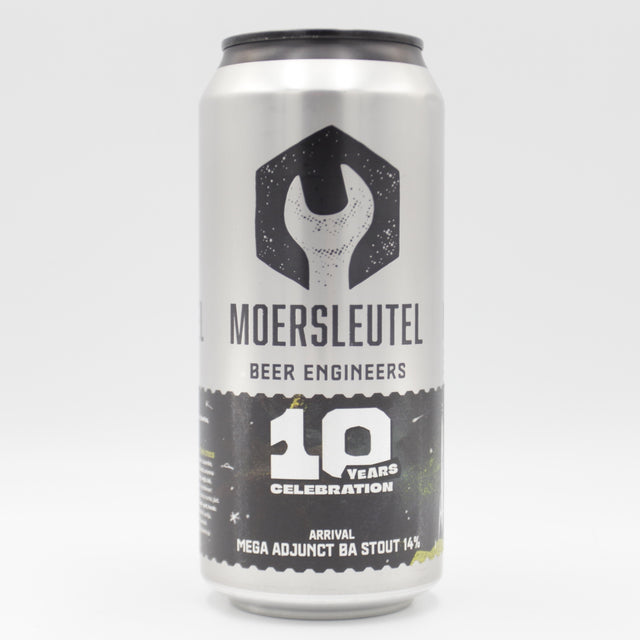 This is a can of Moersleutel - 10 Years: Arrival - 14% (440ml). It is a Imperial Stout / Porter craft beer available to buy from Ghost Whale, voted London's best craft beer shop.
