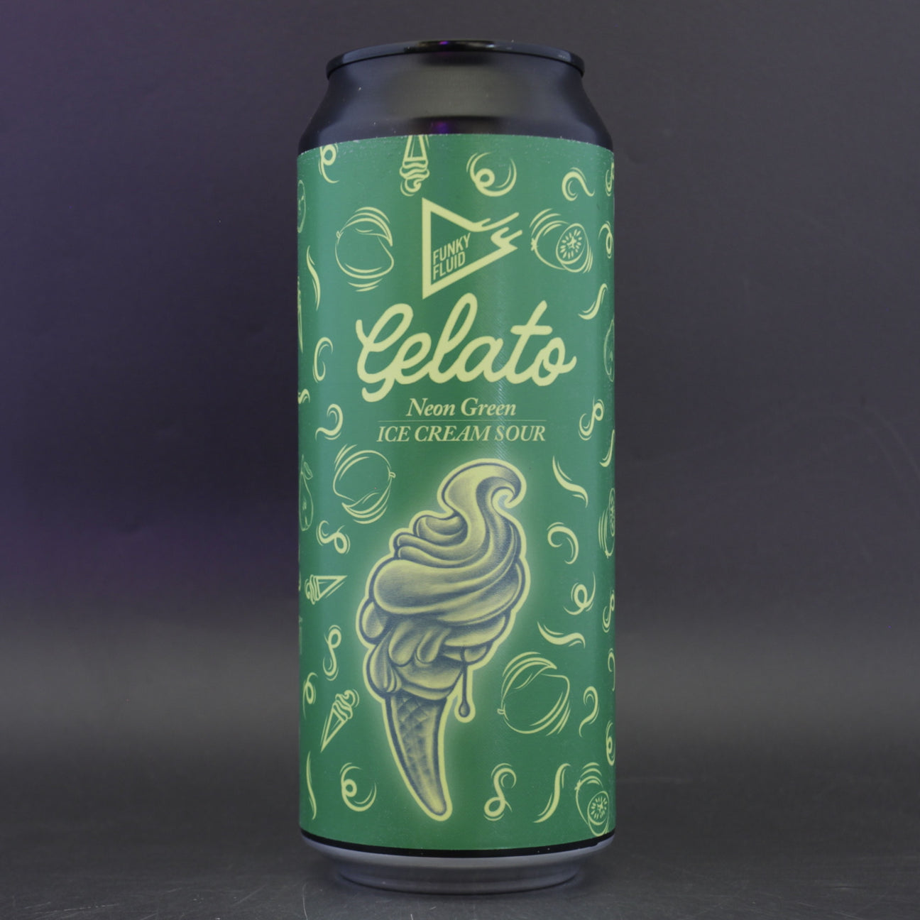 This is a can of Funky Fluid - Gelato: Neon Green - 5.5% (500ml). It is a Sour craft beer available to buy from Ghost Whale, voted London's best craft beer shop.