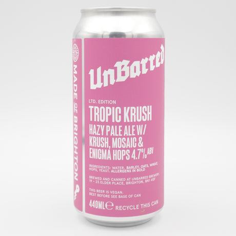This is a can of UnBarred - Tropic Krush - 4.7% (440ml). It is a Pale Ale craft beer available to buy from Ghost Whale, voted London's best craft beer shop.