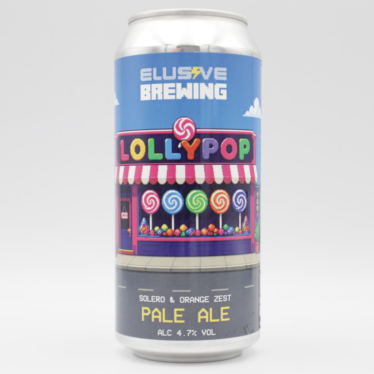 This is a can of Elusive Brewing - Lollypop - 4.7% (440ml). It is a Pale Ale craft beer available to buy from Ghost Whale, voted London's best craft beer shop.