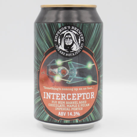 This is a can of Emperor's - BA Interceptor - 14.3% (330ml). It is a Imperial Stout / Porter craft beer available to buy from Ghost Whale, voted London's best craft beer shop.