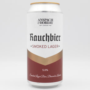 This is a can of Anspach & Hobday - The Rauchbier - 5.5% (440ml). It is a Lager / Pilsner / Kölsch craft beer available to buy from Ghost Whale, voted London's best craft beer shop.