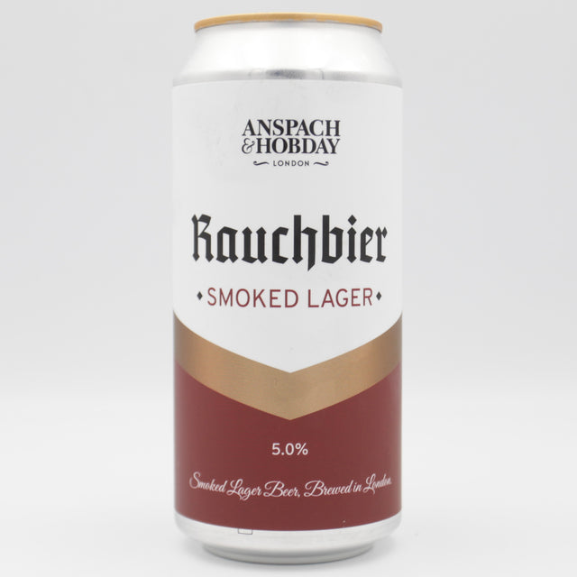 This is a can of Anspach & Hobday - The Rauchbier - 5.5% (440ml). It is a Lager / Pilsner / Kölsch craft beer available to buy from Ghost Whale, voted London's best craft beer shop.