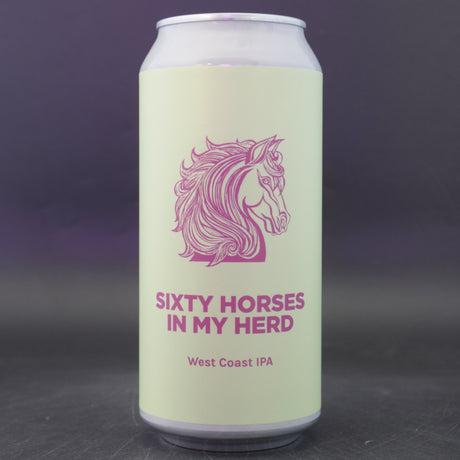 This is a can of Pomona Island - Sixty Horses In My Herd - 7.1% (440ml). It is a IPA craft beer available to buy from Ghost Whale, voted London's best craft beer shop.
