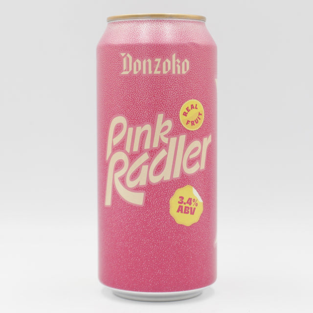 This is a can of Donzoko - Pink Radler - 3.4% (440ml). It is a Radler craft beer available to buy from Ghost Whale, voted London's best craft beer shop.