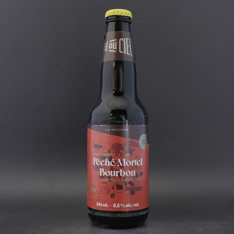 This is a bottle of Dieu Du Ciel - Peche Mortel Bourbon - 9.5% (341ml). It is a Imperial Stout / Porter craft beer available to buy from Ghost Whale, voted London's best craft beer shop.