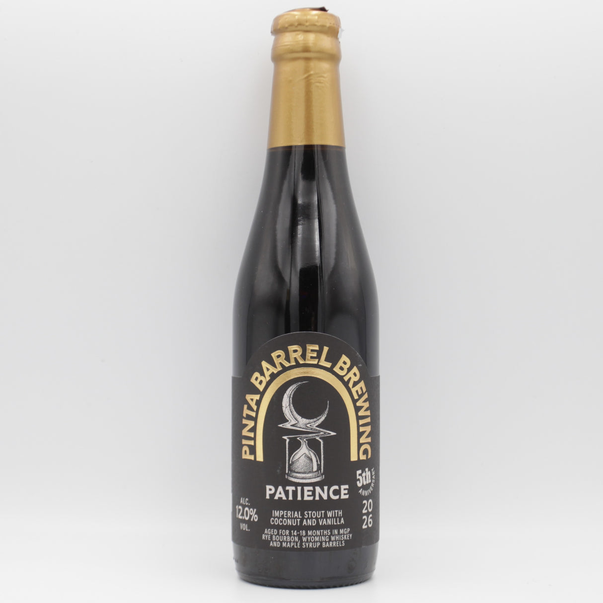 This is a bottle of Pinta - Patience 5th Anniversary (2026) - 12% (330ml). It is a Imperial Stout / Porter craft beer available to buy from Ghost Whale, voted London's best craft beer shop.