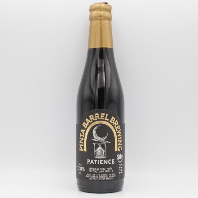 This is a bottle of Pinta - Patience 5th Anniversary (2026) - 12% (330ml). It is a Imperial Stout / Porter craft beer available to buy from Ghost Whale, voted London's best craft beer shop.
