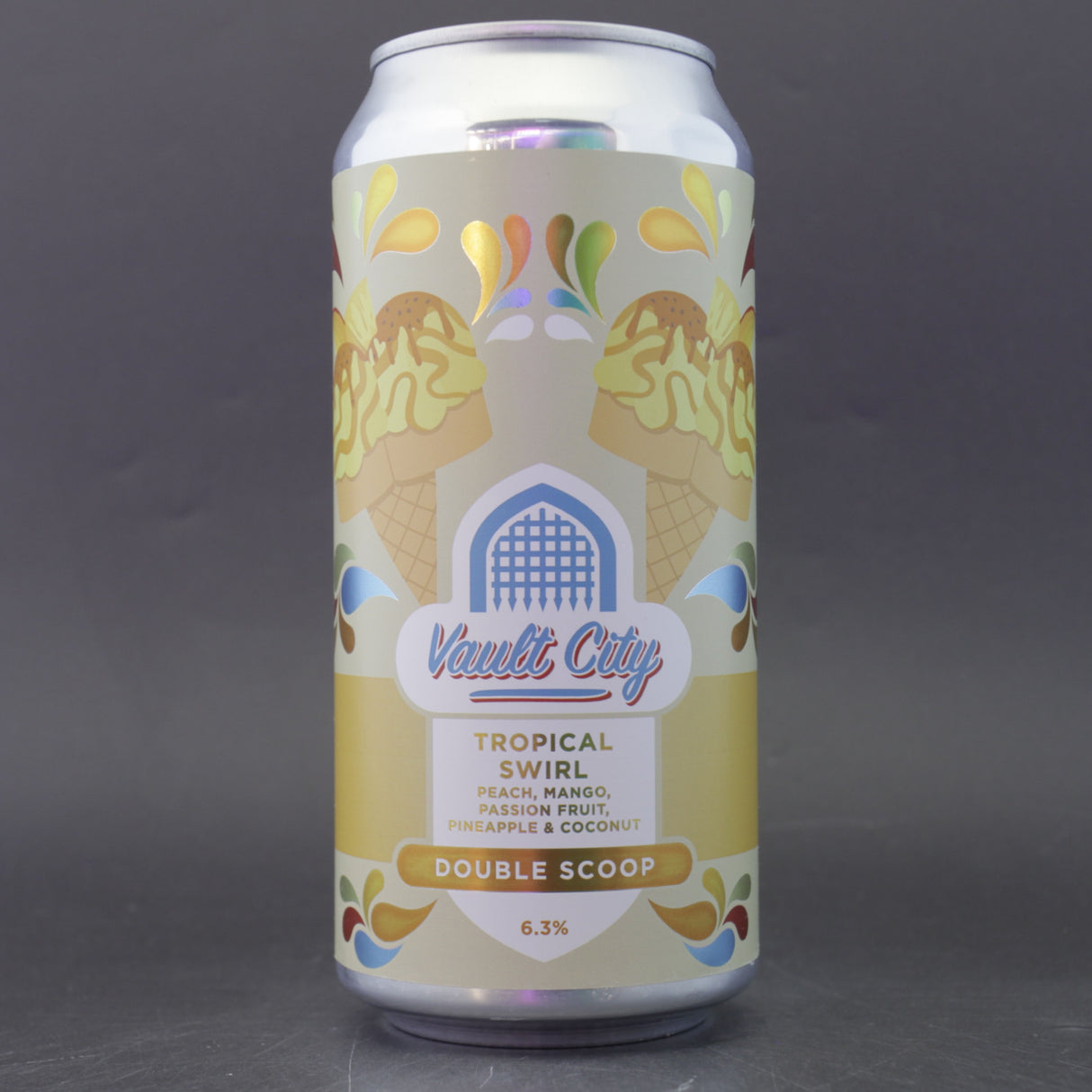 This is a can of Vault City - Tropical Swirl Double Scoop - 6.3% (440ml). It is a Sour craft beer available to buy from Ghost Whale, voted London's best craft beer shop.