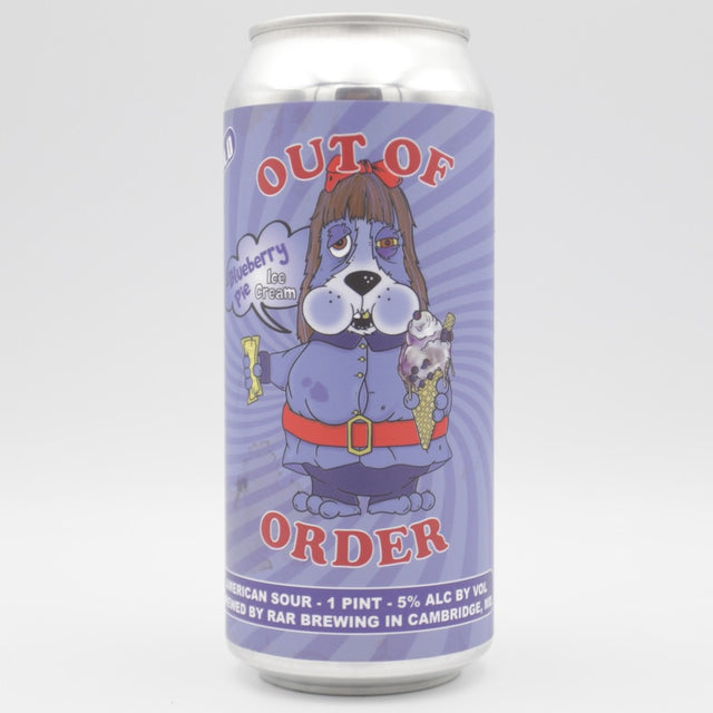 This is a can of RAR Brewing - Out Of Order:Blueberry Pie Ice Cream - 5% (473ml). It is a Sour craft beer available to buy from Ghost Whale, voted London's best craft beer shop.