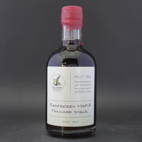 This is a bottle of Lost Verses Meadery - Fruit Tree: Raspberry Maple Pancake Stack - 14% (350ml). It is a  craft mead available to buy from Ghost Whale, voted London's best craft beer shop.
