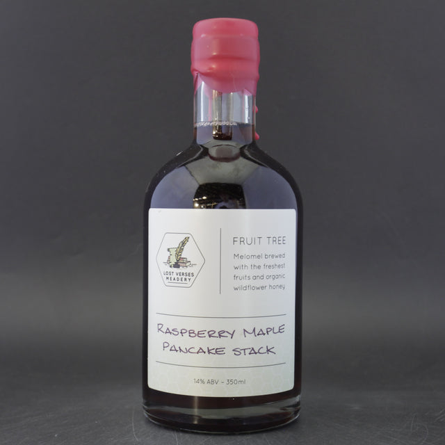 This is a bottle of Lost Verses Meadery - Fruit Tree: Raspberry Maple Pancake Stack - 14% (350ml). It is a  craft mead available to buy from Ghost Whale, voted London's best craft beer shop.