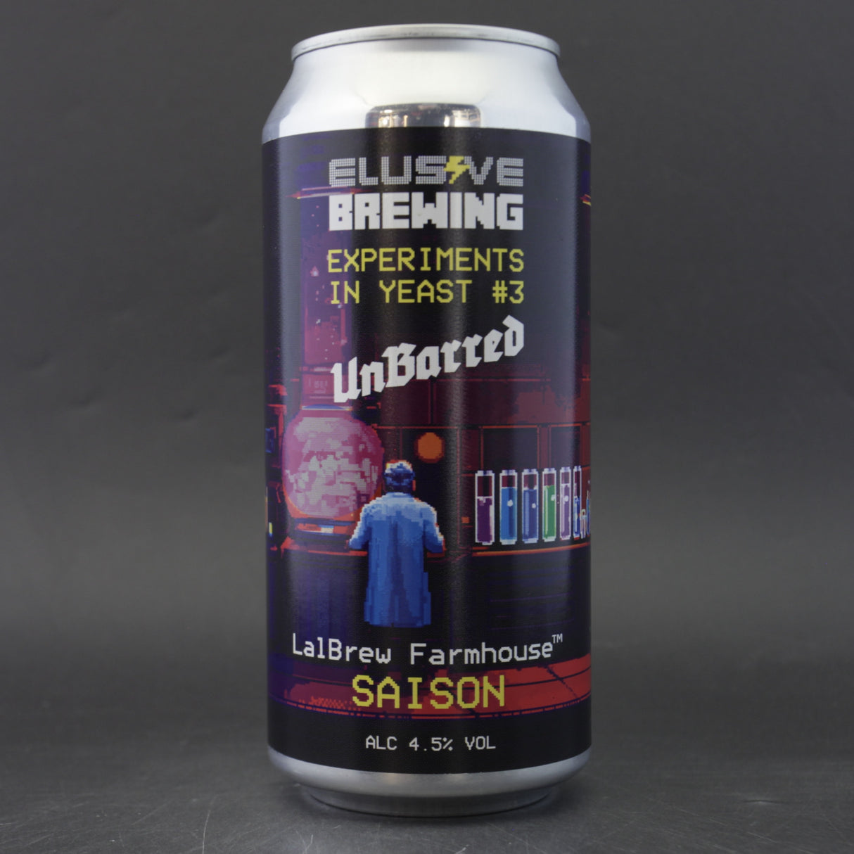 This is a can of Elusive Brewing / UnBarred - Experiments in Yeast #3 - Farmhouse Saison - 4.5% (440ml). It is a Saison craft beer available to buy from Ghost Whale, voted London's best craft beer shop.