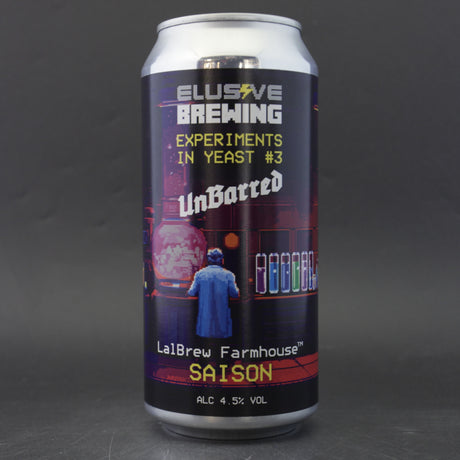 This is a can of Elusive Brewing / UnBarred - Experiments in Yeast #3 - Farmhouse Saison - 4.5% (440ml). It is a Saison craft beer available to buy from Ghost Whale, voted London's best craft beer shop.