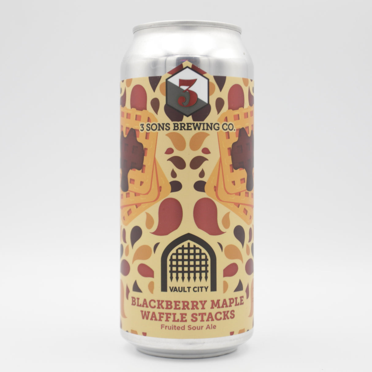 This is a can of 3 Sons / Vault City - Blackberry Maple Waffle Stacks - 6.5% (473ml). It is a Sour craft beer available to buy from Ghost Whale, voted London's best craft beer shop.