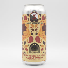 This is a can of 3 Sons / Vault City - Blackberry Maple Waffle Stacks - 6.5% (473ml). It is a Sour craft beer available to buy from Ghost Whale, voted London's best craft beer shop.