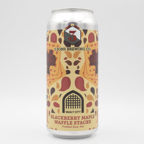 This is a can of 3 Sons / Vault City - Blackberry Maple Waffle Stacks - 6.5% (473ml). It is a Sour craft beer available to buy from Ghost Whale, voted London's best craft beer shop.