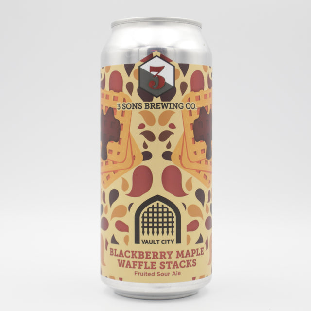 This is a can of 3 Sons / Vault City - Blackberry Maple Waffle Stacks - 6.5% (473ml). It is a Sour craft beer available to buy from Ghost Whale, voted London's best craft beer shop.