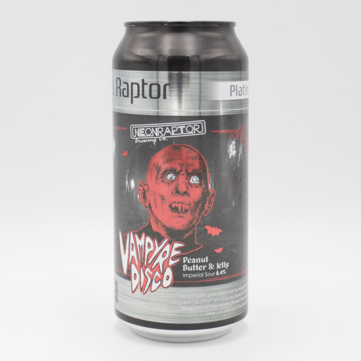 This is a can of Neon Raptor - Vampyre Disco Platinum - 8.4% (440ml). It is a Sour craft beer available to buy from Ghost Whale, voted London's best craft beer shop.