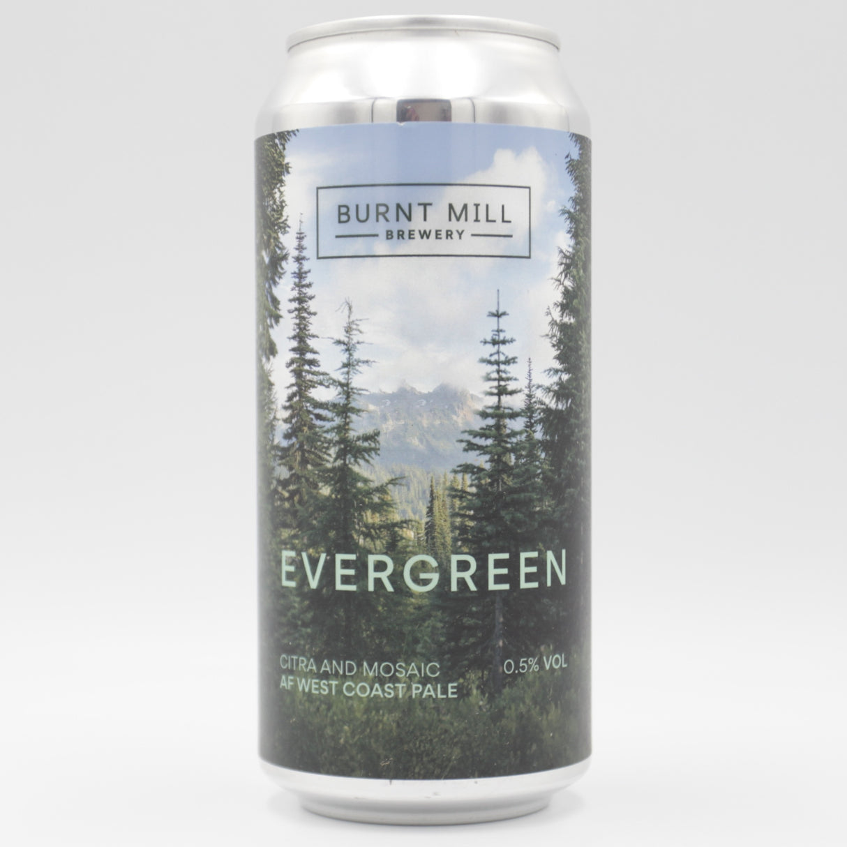 This is a can of Burnt Mill - Evergreen - 0.5% (440ml). It is a Pale Ale craft beer available to buy from Ghost Whale, voted London's best craft beer shop.