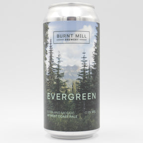 This is a can of Burnt Mill - Evergreen - 0.5% (440ml). It is a Pale Ale craft beer available to buy from Ghost Whale, voted London's best craft beer shop.
