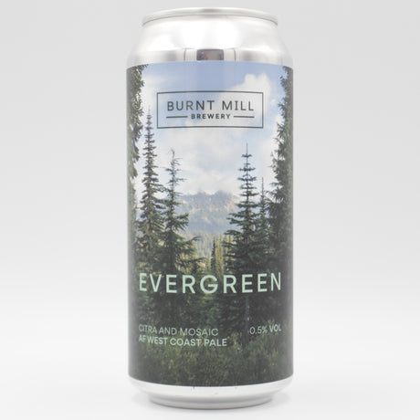 This is a can of Burnt Mill - Evergreen - 0.5% (440ml). It is a Pale Ale craft beer available to buy from Ghost Whale, voted London's best craft beer shop.