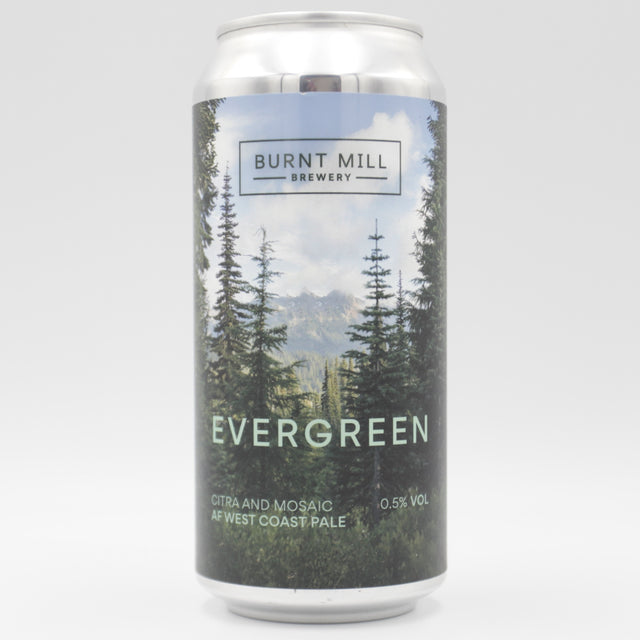 This is a can of Burnt Mill - Evergreen - 0.5% (440ml). It is a Pale Ale craft beer available to buy from Ghost Whale, voted London's best craft beer shop.