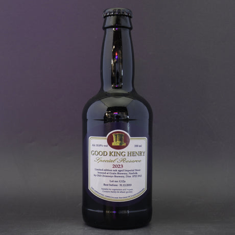 This is a bottle of Old Chimneys - Good King Henry Special Reserve 2023 - 11% (330ml). It is a Imperial Stout / Porter craft beer available to buy from Ghost Whale, voted London's best craft beer shop.