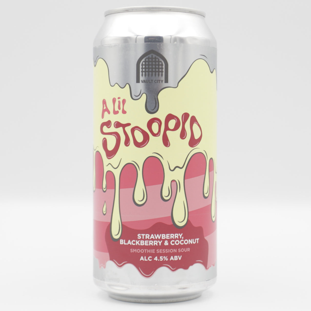 This is a can of Vault City - A Lil Stoopid: Strawberry, Blackberry & Coconut - 4.5% (440ml). It is a Sour craft beer available to buy from Ghost Whale, voted London's best craft beer shop.