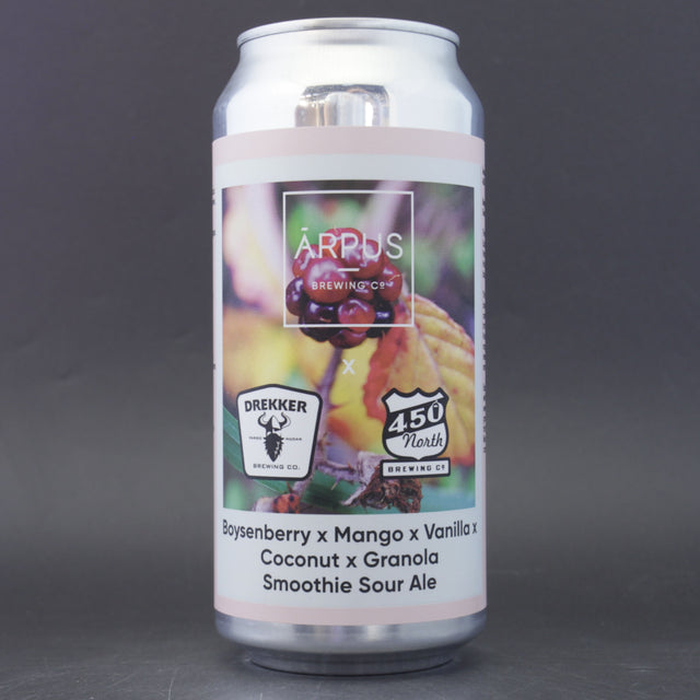 This is a can of Arpus Brewing Co / Drekker / 450 North - Boysenberry x Mango x Vanilla x Coconut x Granola Smoothie Sour Ale - 5% (440ml). It is a Sour craft beer available to buy from Ghost Whale, voted London's best craft beer shop.