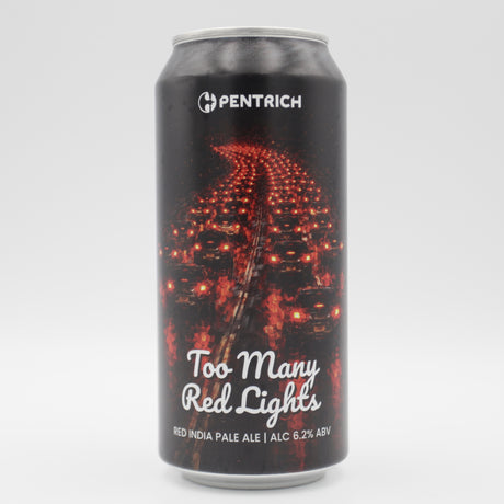 This is a can of Pentrich - Too Many Red Lights - 6.2% (440ml). It is a Red / Amber Ale craft beer available to buy from Ghost Whale, voted London's best craft beer shop.